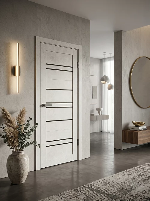 Фото Дверь FlyDoors Барн B02 бетон светлый, ПВХ, черное стекло – купить в Чите: цена, описание, фото. Интернет-магазин. 1