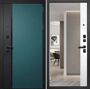 Дверь входная FlyDoors Дилайн Зеркало без терморазрыва велюто верде, черная шагрень/велюто биянко