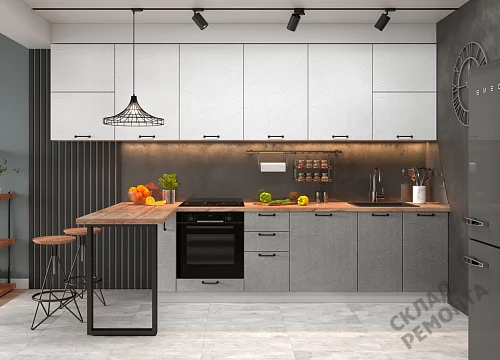 Фото Кухня ДСВ Лофт штукатурка белая/штукатурка серая – купить в Чите: цена, описание, фото. Интернет-магазин 2