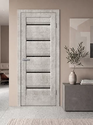 Дверь FlyDoors Скиндорс S02 ПО цемент светлый, микрофлекс, черный акрилат
